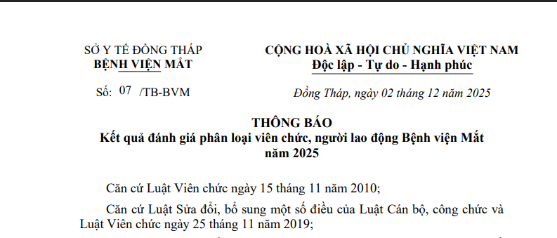 Thông báo kết quả đanh giá phân loại viên chức, người lao động Bệnh viện Mắt năm 2025