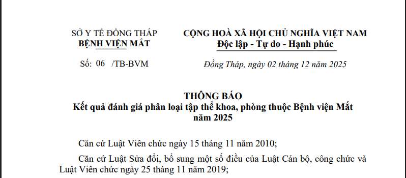 Thông báo kết quả đanh giá phân loại viên chức, người lao động Bệnh viện Mắt năm 2025